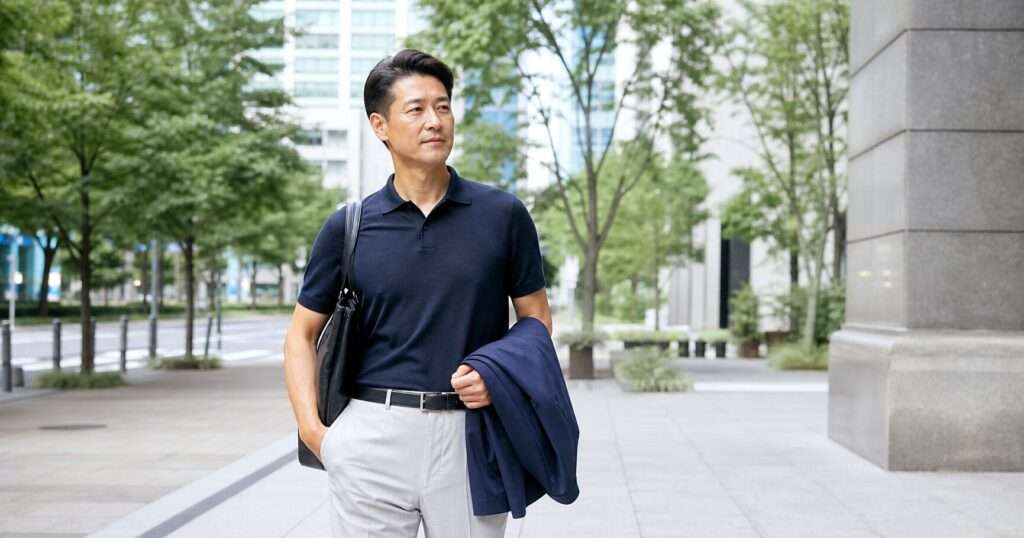 夏の札幌で襟付きトップスと薄手ジャケットを合わせたビジネスカジュアルの男性