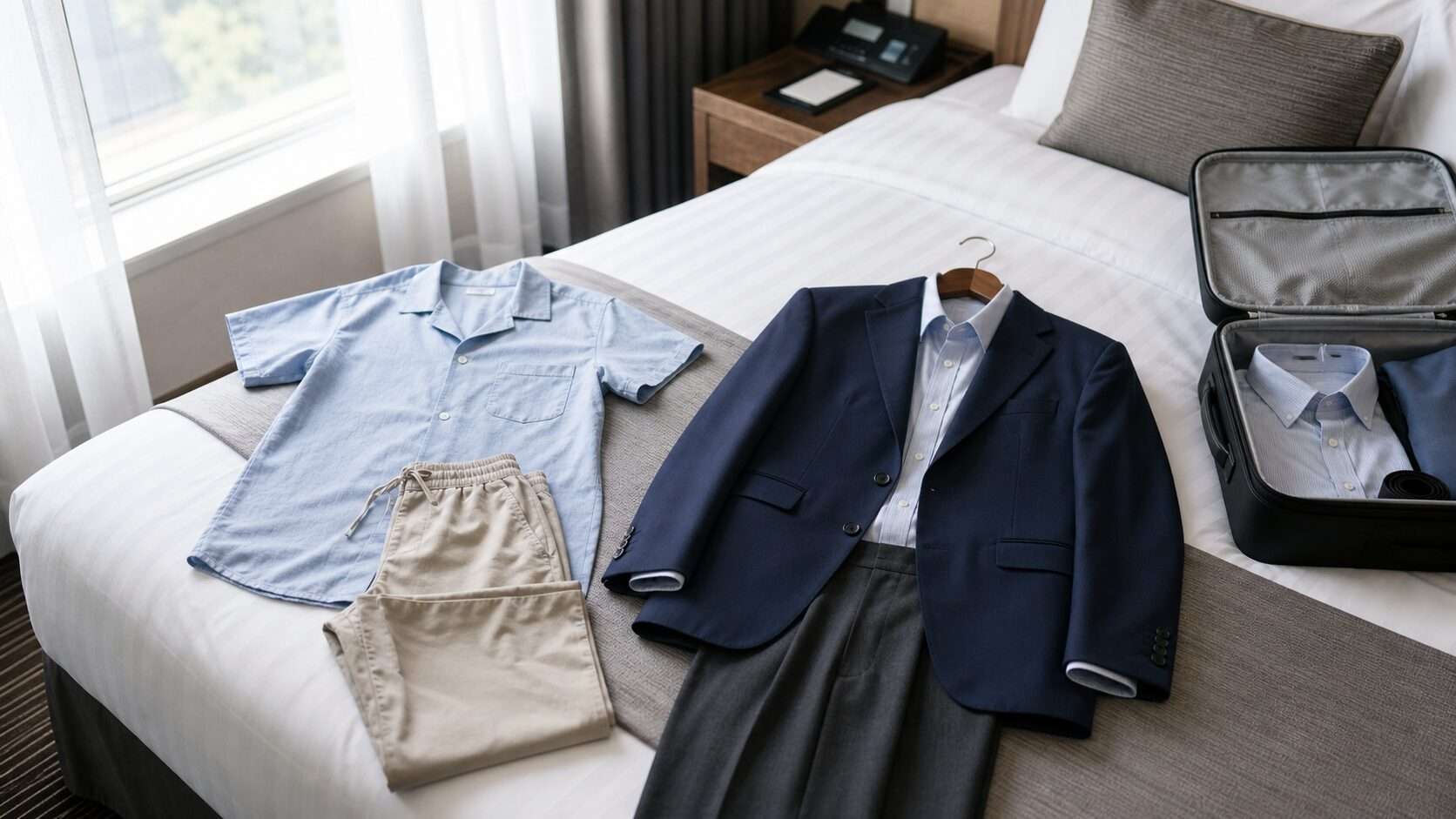 夏の出張で避けたい軽装と上着のある服装をホテルで見比べる写真