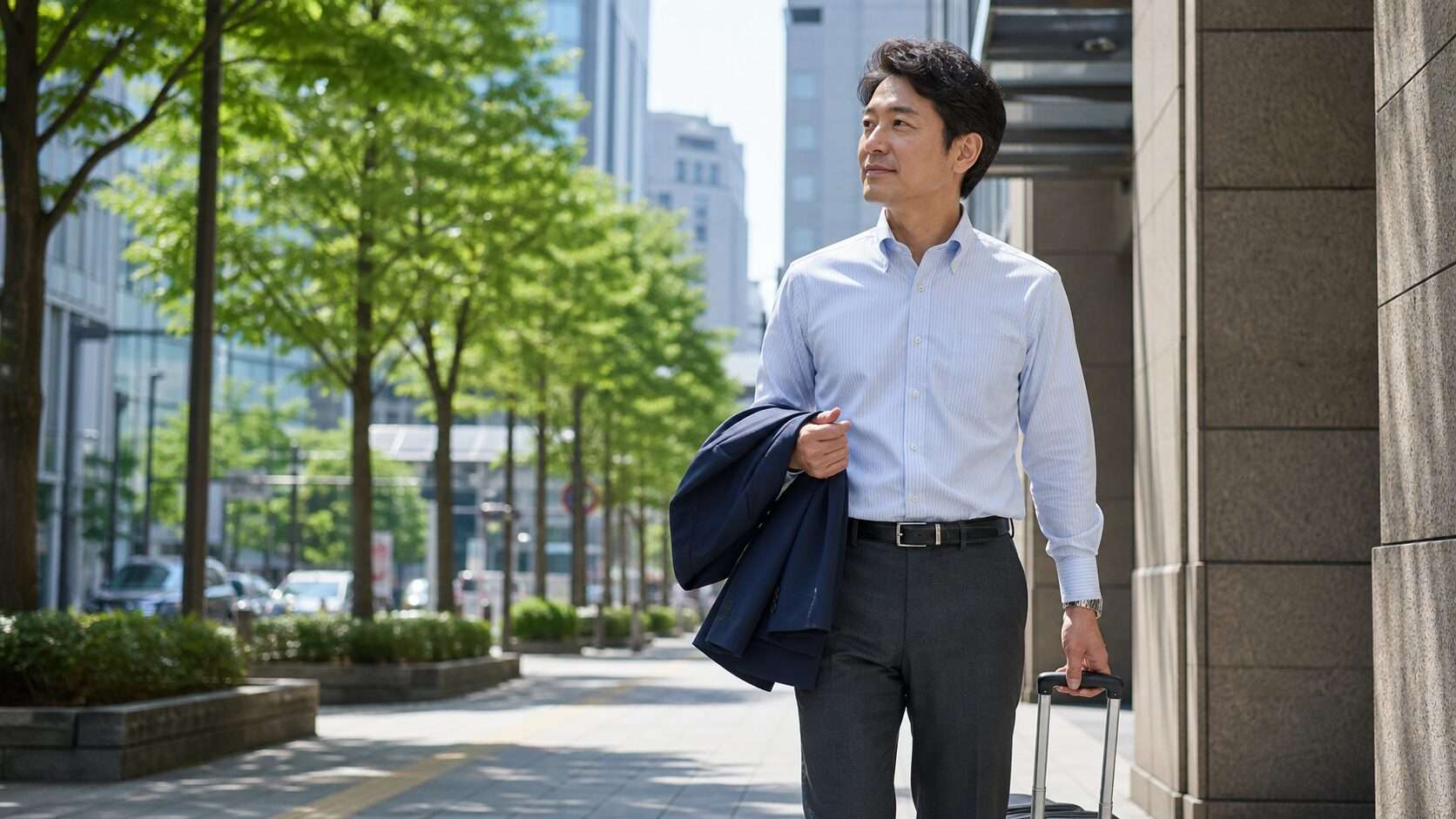 夏の札幌出張で軽い上着を持って移動するビジネスパーソン